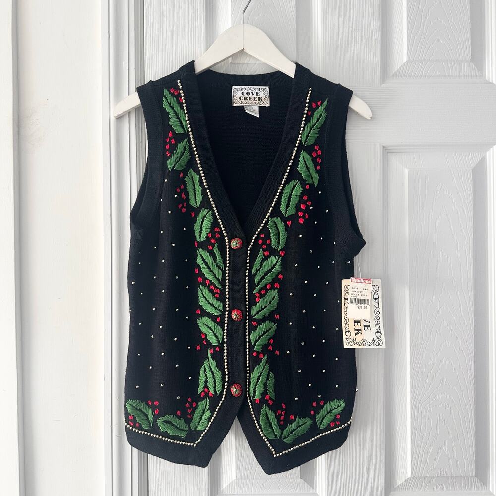 Cove Creek NWT Black Holiday Poinsettia Button Embroidered Sweater Vest Small